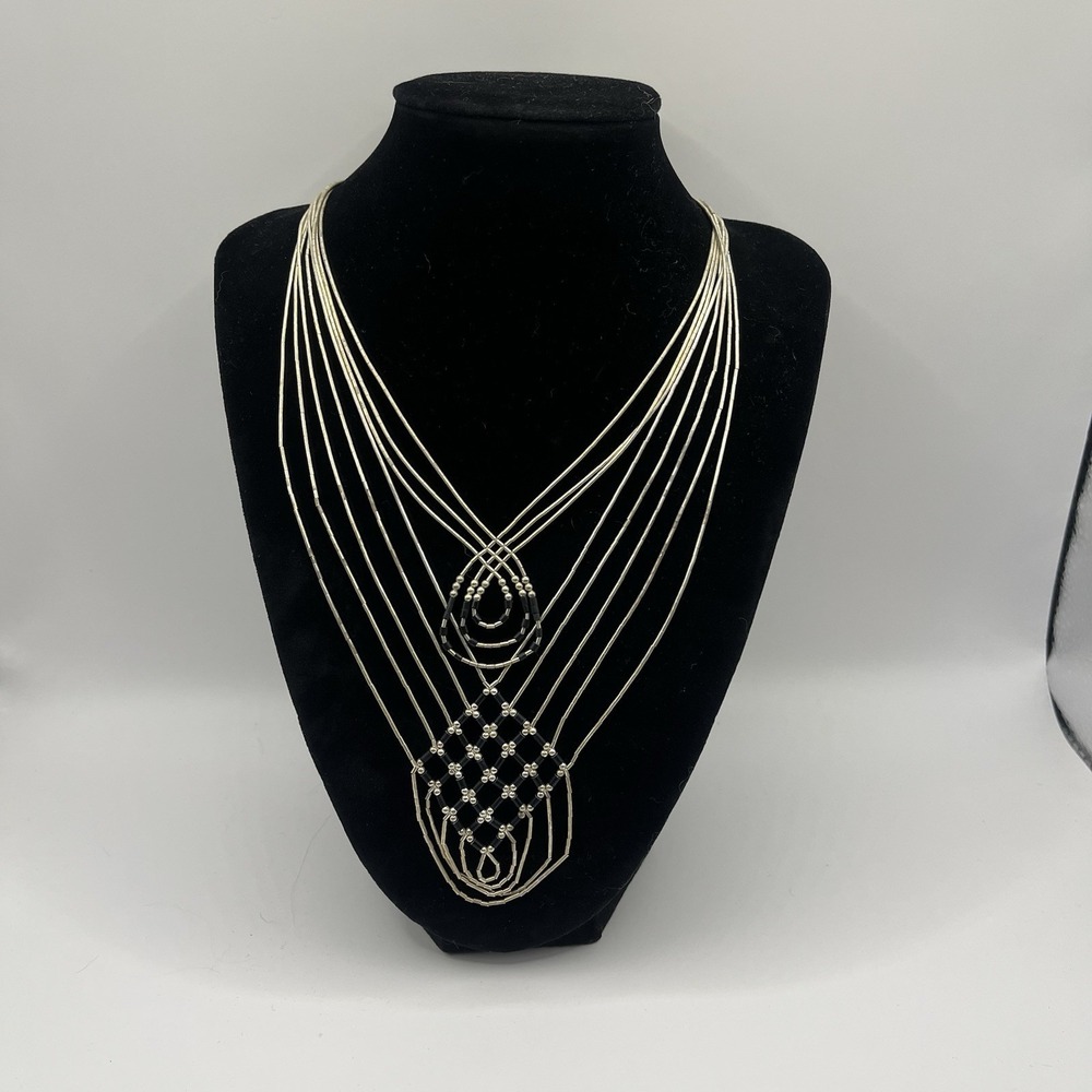 Pair Strand Liquid Silver Bib Necklaces Stamp Sterling Black Beads (Onyx?)‎ 21g